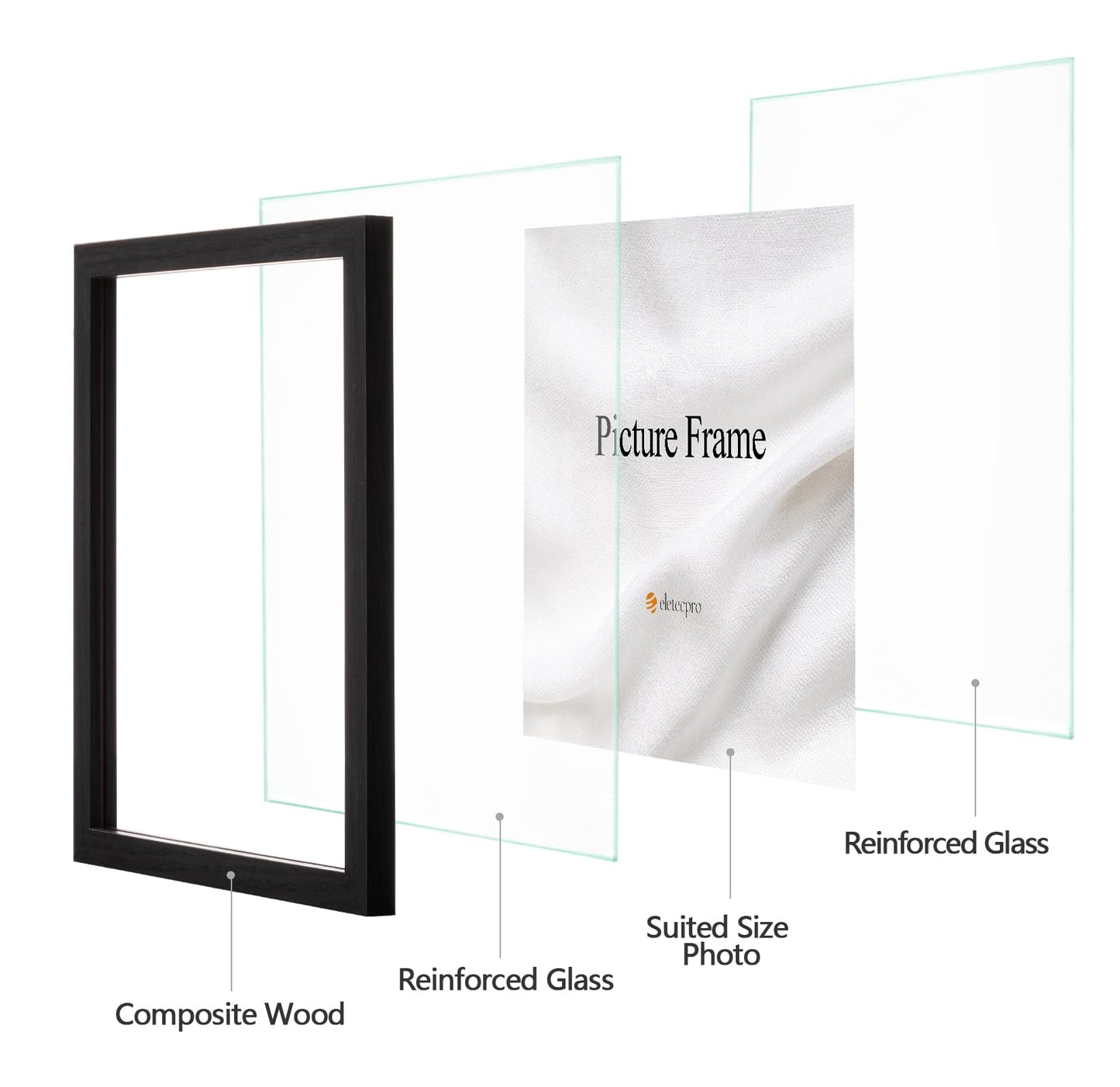 eletecpro 8x10 Floating Picture Frames with Double Real Glass Cover, Floating Display 5x7, 4x6 or Smaller Photos and Artwork, Vertical or Horizontal Wall Mount, Home Decor, Black, 2 Pack