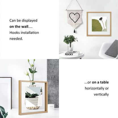 MUYE 10x10 Floating Frame Set of 2,Double Glass Square Photo Frame,Display Any Size Photo up to 10x10,Wall Mount or Tabletop Standing,Natural