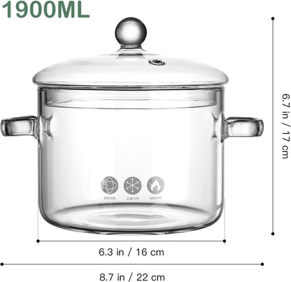 DOITOOL Glass Cooking Pot with Lid, 1900ML, Clear Glass Stovetop Cooking Pot, Dual Handles for Cooking