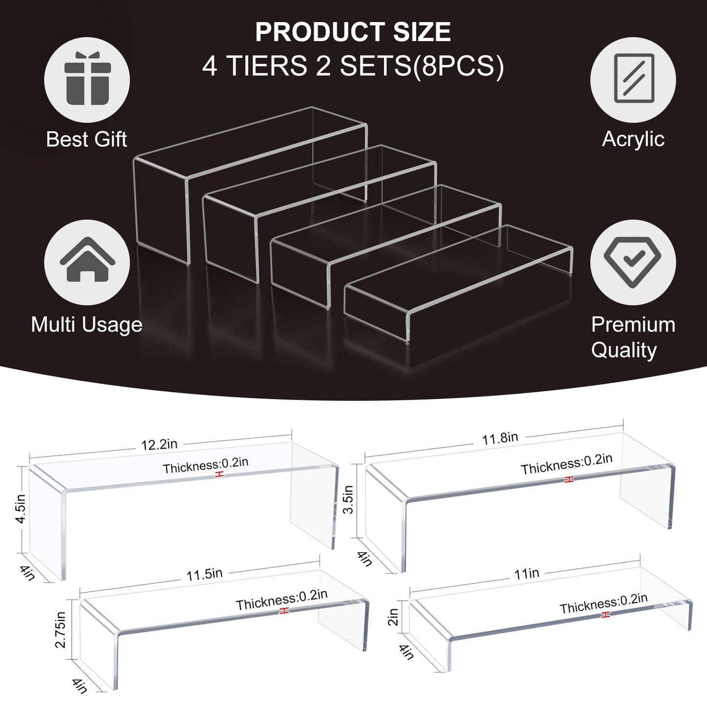 Acrylic Display Riser Stand of 8pcs, 5mm Thickness, 12'' Length Tierd Display Stands, Acrylic Shelf Risers for Perfume Display,Risers for Buffet Table,Cupcake Stand,Pop Figurines,Tumbler,Food