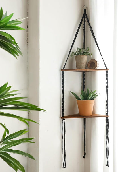 2 Artilady Macrame Corner Shelf Wall Hanging - Tier Black Corner Floating Shelves Boho Wall Decor, Rustic Wooden Plant