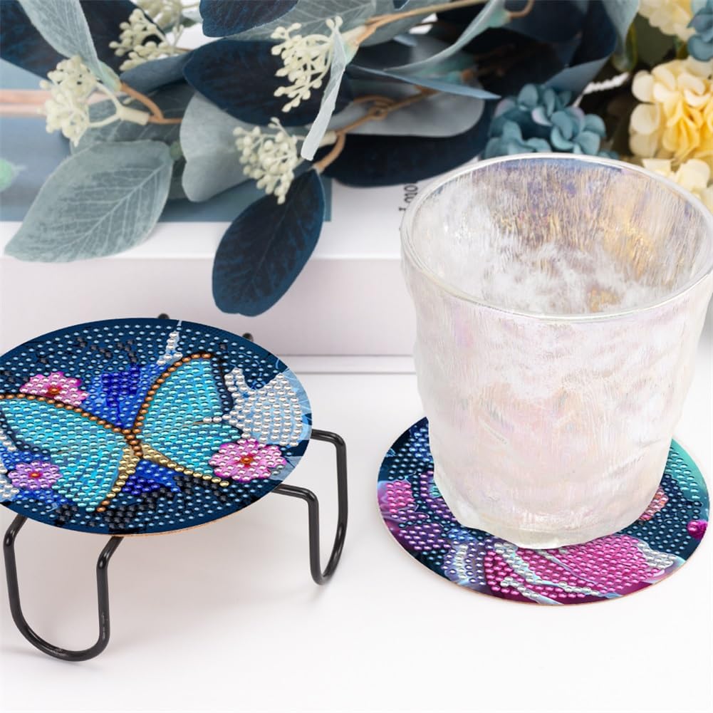 10 Pcs Diamond Painting Coasters, Butterfly Diamond Art Coasters with Holder, DIY Flowers Crafts Kits for Beginners, Adults