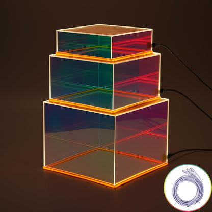 Prismatic Iridescent Display Risers with Plug and Play LED Lights, 3pc-6" 7" 8" Stackable Lighted Cube Box for Figures Jewelry Perfume Purse, Neon Acrylic Display Stands, Rainbow Food Buffet Riser