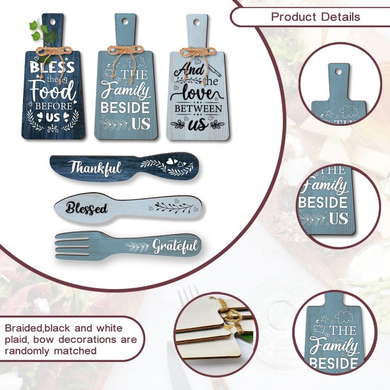 PH PandaHall 6pcs Kitchen Wall Decor Bless Food Sign Set Wall Table Accessories Wooden Pendant Decorations Mini Plaque Fork Spoon Shape Sign Rustic Style Home Dector Blue, 11x5.5 inch/11.8x2 inch