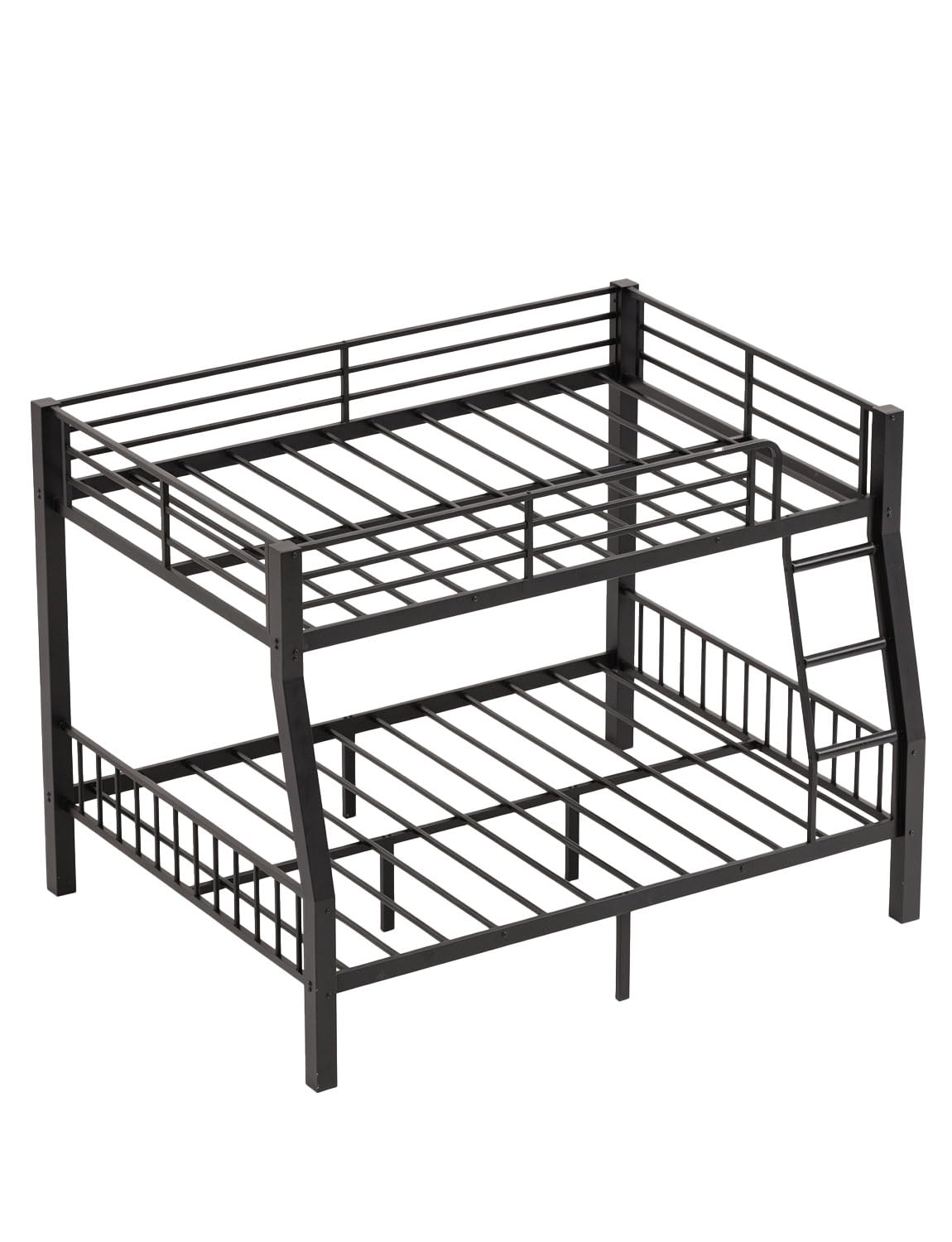 Mixcous Full XL Over Queen Bunk Bed for Adults, Heavy Duty Metal Queen Bunk Bed Frame with Reinforced Steel Slats, Full-Length Guardrails & Anti-Slip Ladder, Noise-Free, No Box Spring Needed, Black