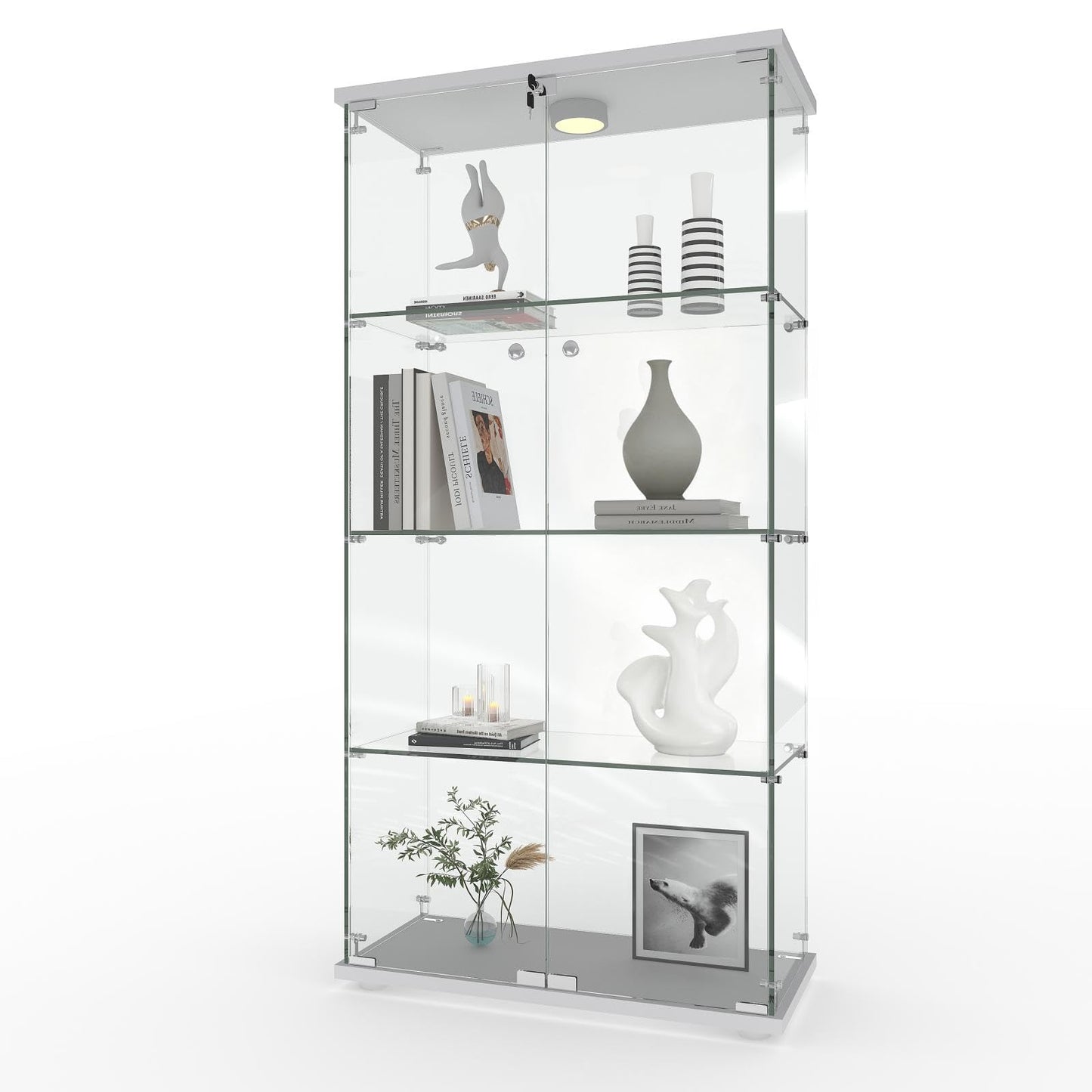 GarveeHome 4 Shelves Display Cabinet, Tempered Glass Curio Showcase with LED Light & Lock, Double Doors Storage Cabinet for Living Room Bedroom Office, White, 64x31.7x14.3 Inch