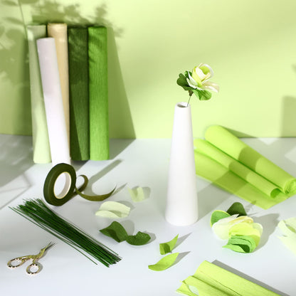 Gersoniel 57 Pcs Crepe Paper Flower DIY Kits 6 Rolls 35g Papel Crepe Sheets 50 Pcs Floral Iron Wire 10 Inch x 8 Feet 1 Roll 50 Meter for Birthday Party Wedding(Green Series)