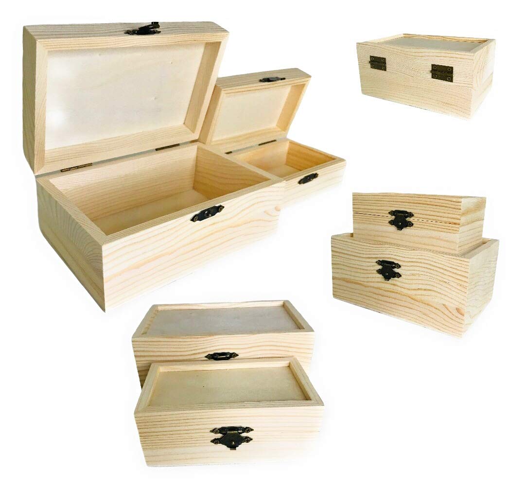 Oojami 12 Pc Rectangle Unfinished Wood Box Natural DIY Craft Stash Boxes with Hinged Lid and Front Clasp for Arts Hobbies Comes in 2 Different Sizes