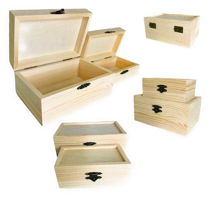 Oojami 12 Pc Rectangle Unfinished Wood Box Natural DIY Craft Stash Boxes with Hinged Lid and Front Clasp for Arts Hobbies Comes in 2 Different Sizes