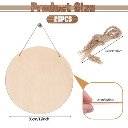 25 Sheets Blank Wood Circles for Crafts, 12 Inch Unfinished Round Wooden Hanging Signs with Holes, Wooden Discs for DIY Crafts Door Hanger Sign Painting Home Wall Decor Gift