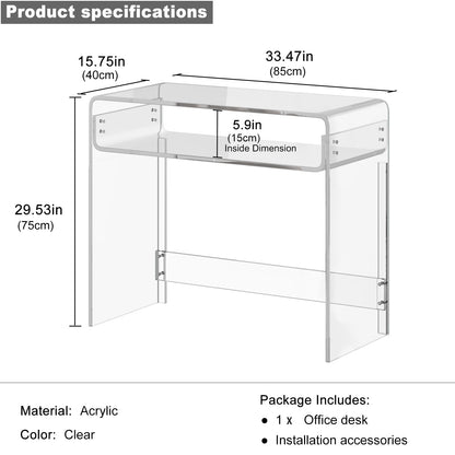 XOHYW Acrylic Office Desk, Modern Laptop Writing Study Table with Open Storage, Transparent Console Entryway Table, 33.5" L x 15.8" W x 29.5" H, for Home, Bedroom (Clear)