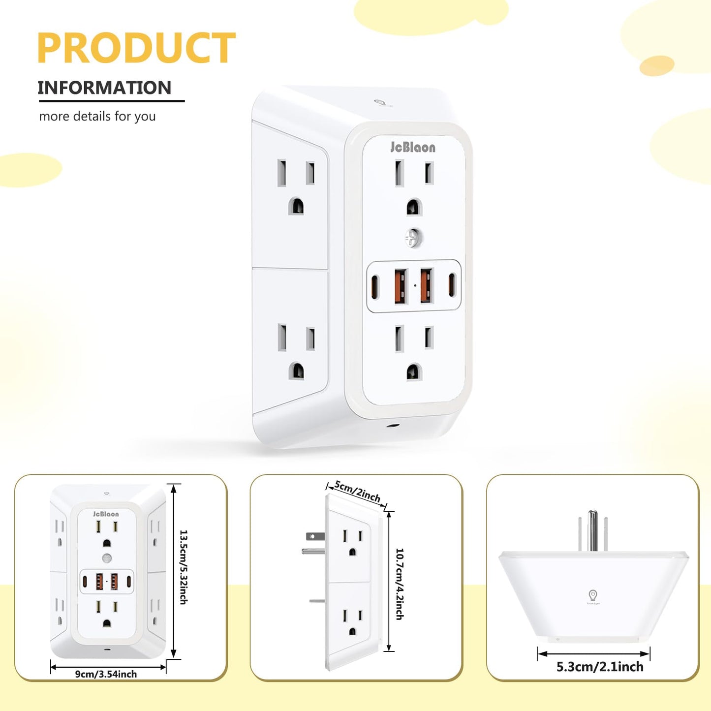 Wall Outlet Extender with Night Light, Power Plug Adapter 6 Outlet Extender with 4 USB Charging Ports 1050J Power Strip Multi Plug Adapter Spaced for Home Travel Office (2U2C)