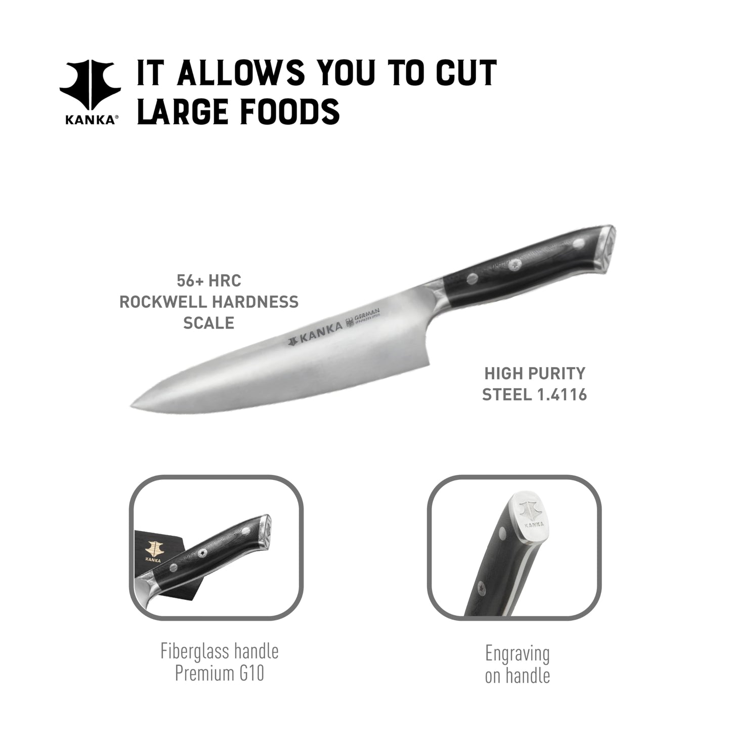 KANKA Professional 8 inch Chef Knife – High Grade 1.4116 Stainless Steel, Ultra-Premium G-10 Fiberglass Handle, Premium Wood Sheath Included – Essential Kitchen Knife for Chefs