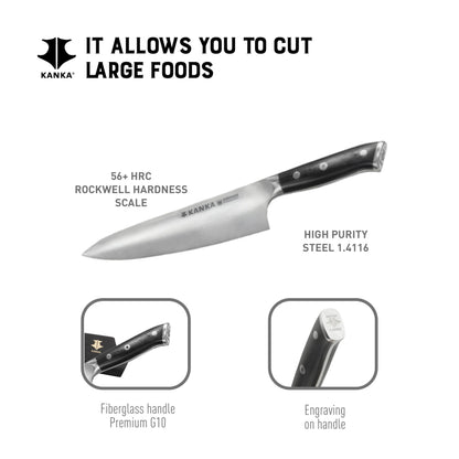 KANKA Professional 8 inch Chef Knife – High Grade 1.4116 Stainless Steel, Ultra-Premium G-10 Fiberglass Handle, Premium Wood Sheath Included – Essential Kitchen Knife for Chefs
