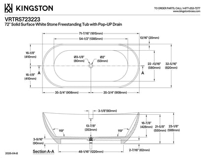 Kingston Brass VRTRS723223 Aqua Eden 72-Inch Solid Surface Resin Free Standing Tub with Drain Kit, 71-7/16" L x 32-5/16" W x 22-13/16" D, Matte White