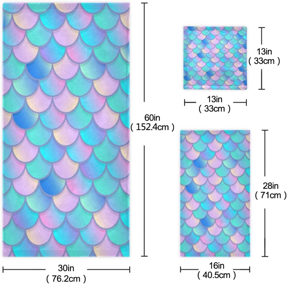Naanle Set 3 1 Towel+1 Towel+1 Colors Mermaid Scales Pattern Soft Luxury Decorative of Towels, Bath Hand Washcloth