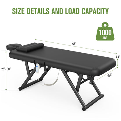 pouseayar Adjustable Massage Table with Face Pillow & Headrest, Sturdy and Solid, Silent and Easy to Adjust - Adjustable Backrest, Electric Leg Lifting, Black