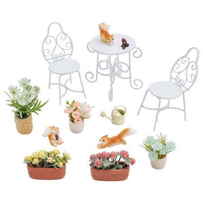 FREEBLOSS 13Pcs Dollhouse Furniture Set Miniature Patio Set with Mini Table Chairs Garden Plants Mini Squirrels Decor Doll House Furniture and Accessories Set