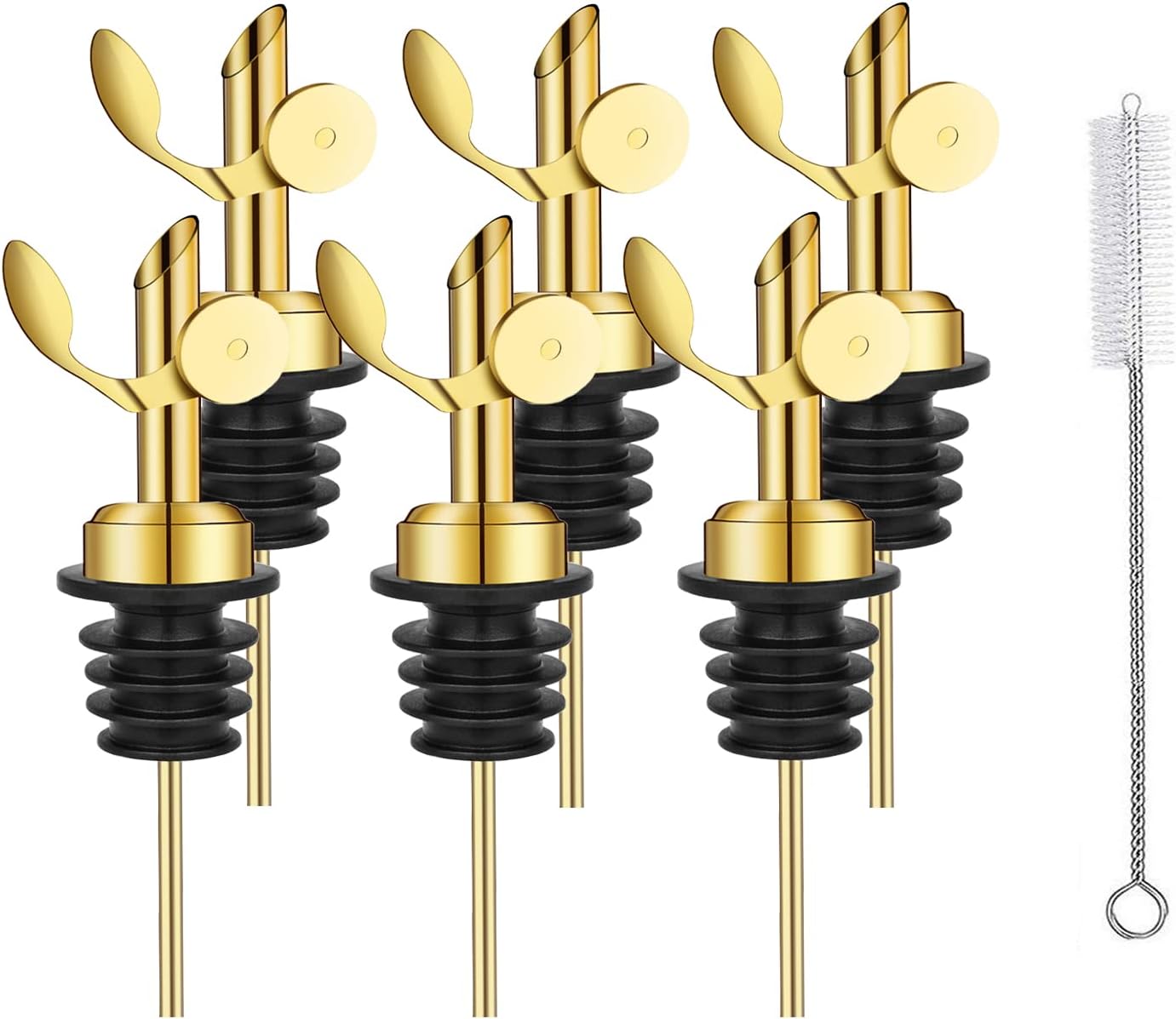 1 Wine(Gold-6Pcs) WAFJAMF Weighted Stainless Steel Bottle Pourers, Auto Flip Feature Self Closing Olive Oil Dispenser
