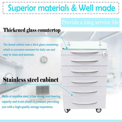 BEILOCKERY Dental Special Storage Cabinet, Stainless Steel Laminate Dental Cabinet Mobile Cart with 5 Drawers and ABS Partition, Lockable Moving Side Cart with Wheels