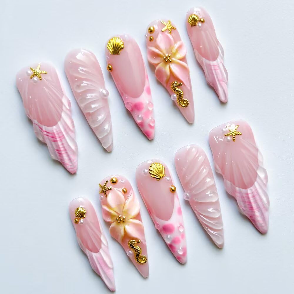 10Pcs Press On Nails - MAGLFELL Handmade Stiletto Pink Fake Nails, 3D Pink Carved Flower, and Gold Plated Accessories Design, Reusable Artificial False Nails for Women Acrylic Nails Kit (Size S)
