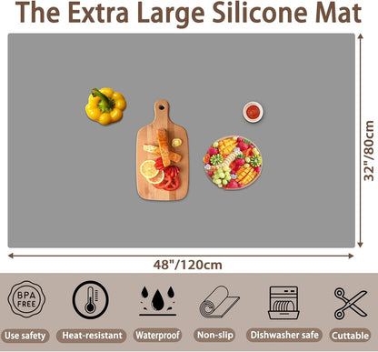 Silicone Mats for Kitchen Counter, 48"x32"(120cmx80cm) Large Heat Resistant Mat Kitchen Island Waterproof Countertop Protector Mat Nons-slip Extra Large Counter Mat, Dark Green