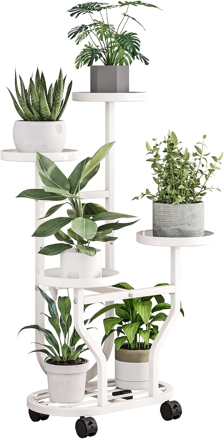 4 Plant Stand Indoor Outdoor Tier Flower Holder with Wheels Metal Plant Shelf Corner Display Rack Multi Plants Sheleves