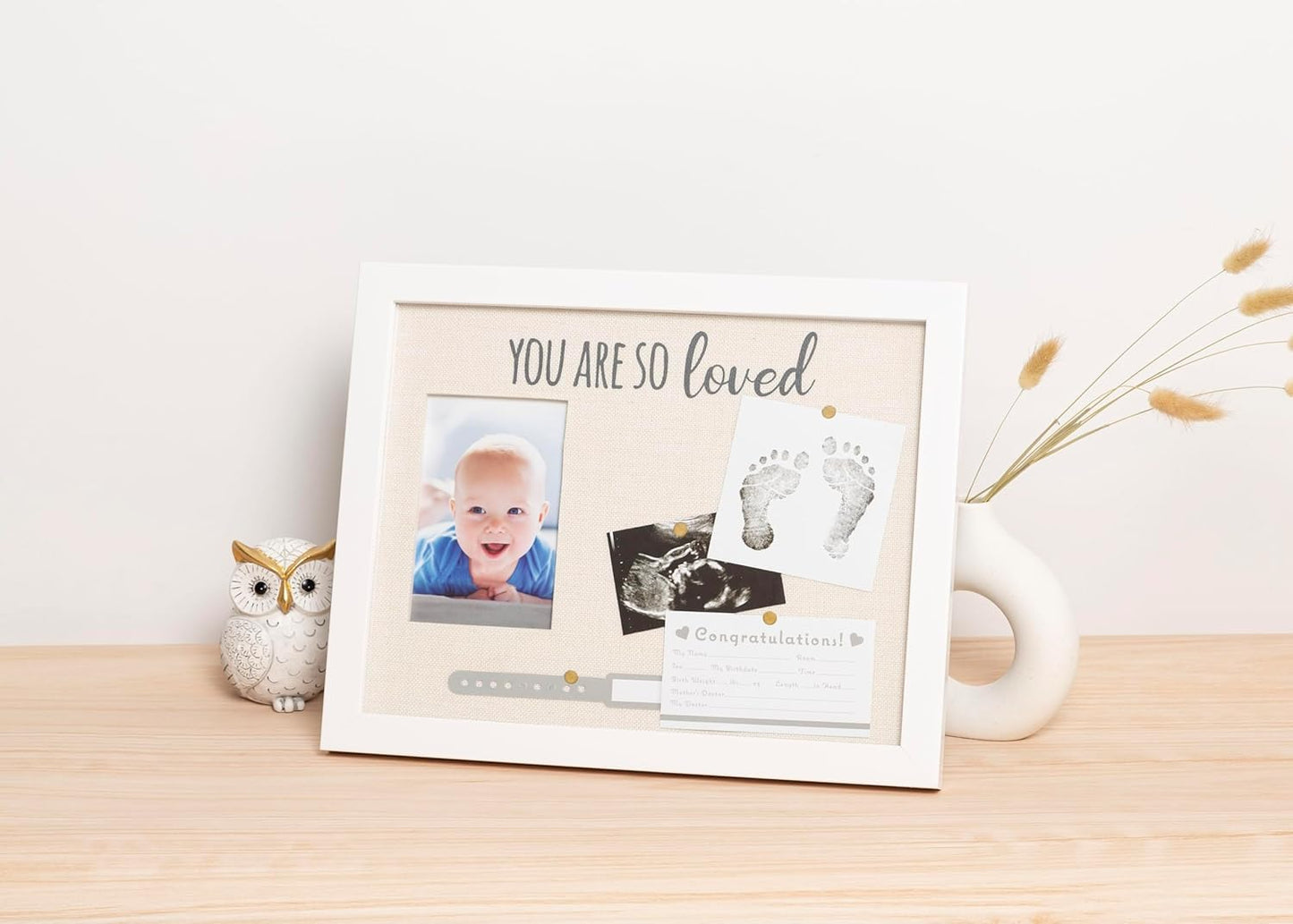 Kate & Milo You Are So Loved Collage Frame, Newborn Keepsake Box, Baby Memento, Nursery Decor, Handprint and Footprint Ink Pad Included, Linen Mat, White
