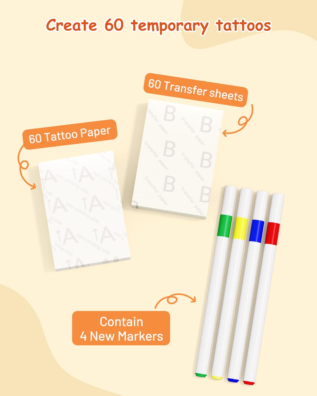 Compatible with Hello Blink Tattoo Maker Refill Pack,Includes 60pcs Tattoo&Transfer Papers and 4 Markers, Temporary tattoos, constantly creative