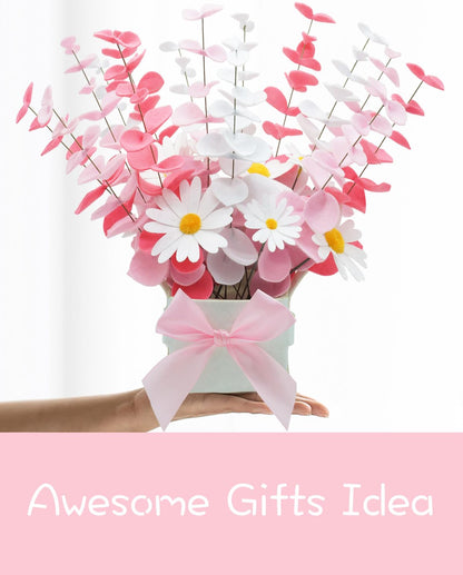 BAZIMA Felt Eucalyptus Daisy Bouquet,Felt Flowers,Multi-Color Felt Leaves,DIY Bouquet,Artificial Flower Bouquet with Flower Pot,Floral Gifts,15 Eucalyptus and 8 Daisies kit (Red Pink White)