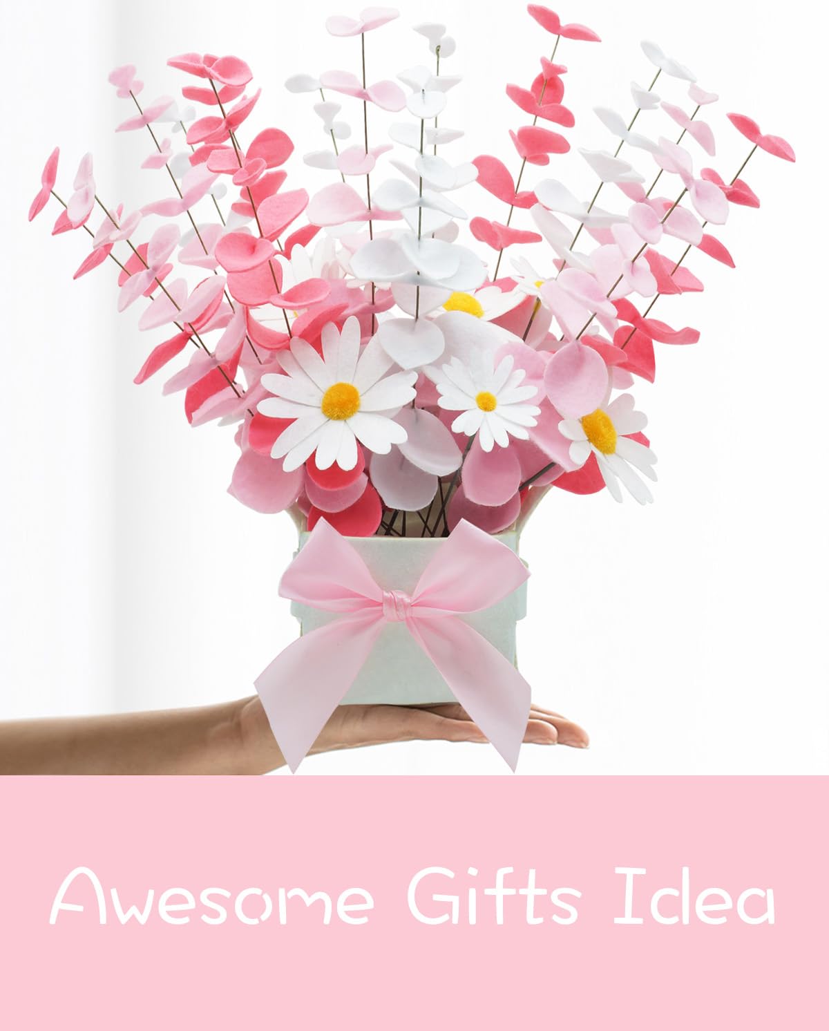 BAZIMA Felt Eucalyptus Daisy Bouquet,Felt Flowers,Multi-Color Felt Leaves,DIY Bouquet,Artificial Flower Bouquet with Flower Pot,Floral Gifts,15 Eucalyptus and 8 Daisies kit (Red Pink White)