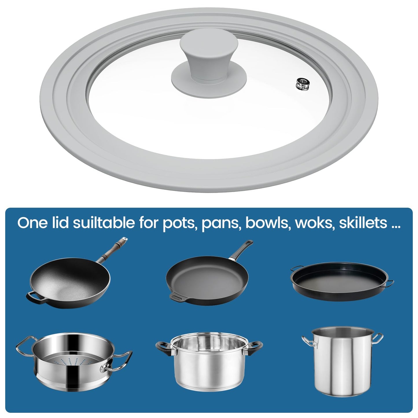TOPULORS Universal Lid for Pots, Pans, and Skillets - Tempered Glass Lid with Silicone Rim Fits 8", 9", 9.5" Inner Diameter Cookware Frying Pan Cover Replacement Lid - Dishwasher Safe, Grey