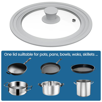 TOPULORS Universal Lid for Pots, Pans, and Skillets - Tempered Glass Lid with Silicone Rim Fits 8", 9", 9.5" Inner Diameter Cookware Frying Pan Cover Replacement Lid - Dishwasher Safe, Grey