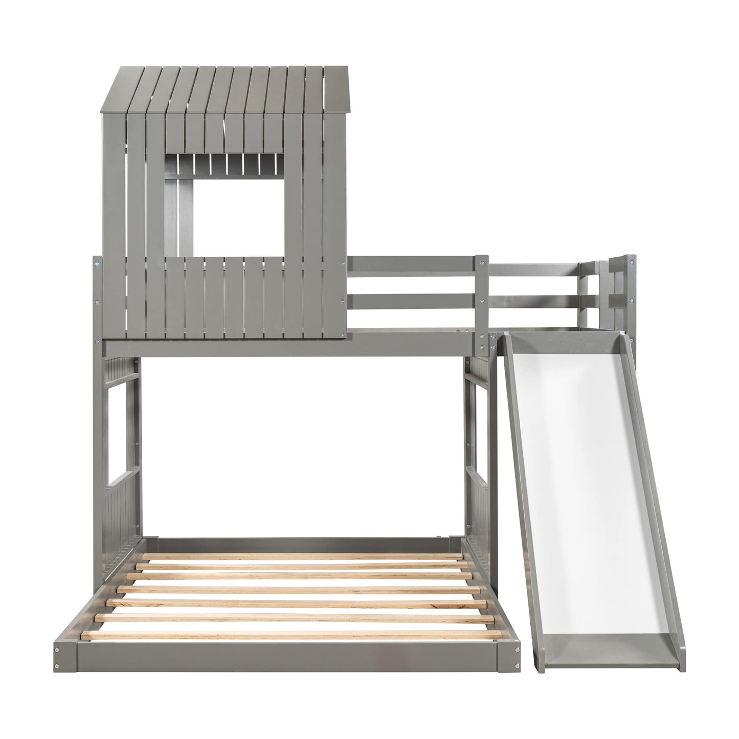 Twin Over Full Bunk Bed Frames with Slide, Safety Guardrails and Ladder for Teens, Girl or Boys, House Shape, Gray