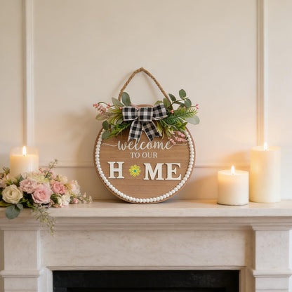 Idyllic 12 Inch Interchangeable Seasonal Welcome Sign Front Door Wreath Decor Wooden Plank with 5 Replaceable Wreaths and 12 Holiday Signs for Year Round Holiday Home Decor Front Door Fireplace
