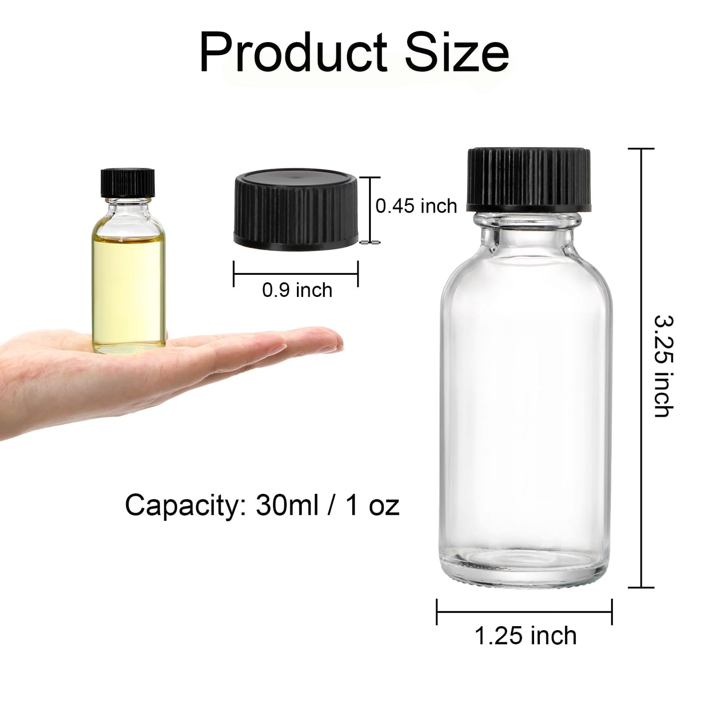 Bekith 30 Pack Boston Round Glass Bottle with Black Cap, 1 oz (30ml) Clear Glass Bottles Small Travel Bottle