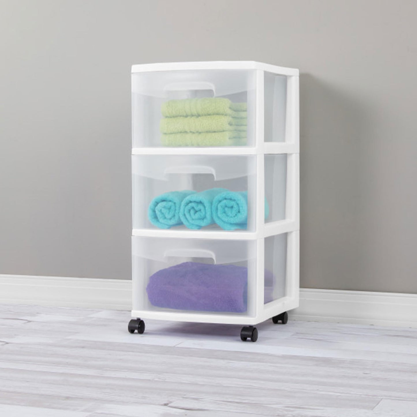 Sterilite 8 Pack Plastic Storage Organizer, 3 Drawer Rolling Bin Cart, Closet Organization, White
