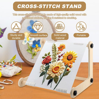 Adjustable Embroidery Table Stand, Wood Embroidery Hoop Holder, Hands-Free Cross Stitch Scroll Frame Needlepoint Stand for Lap/Table Top Stitching Sewing, 11.8" & 15.75" 2 Size Rod(Color:Wood)