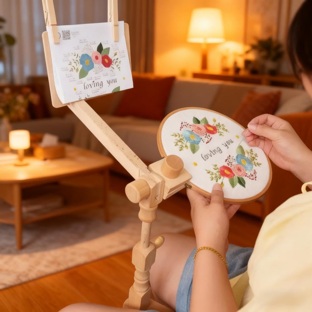 Beech Wood Embroidery Hoop Stand, Adjustable 360° Rotate Cross Stitch Needlepoint Stand Wooden Sitting Embroidery Hoop Frame