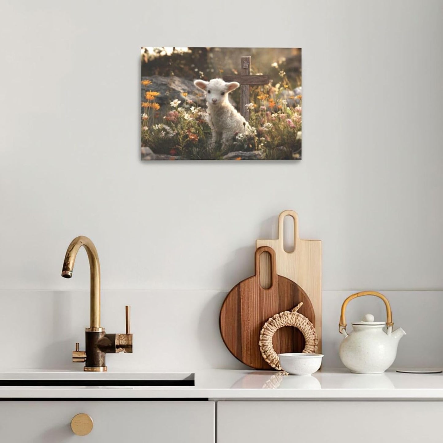 Nexlyth 24" 16" Farmhouse Lamb Wall Art For Kids Christian Cross Canvas Wall Decor Christ Pictures Paintings Prints