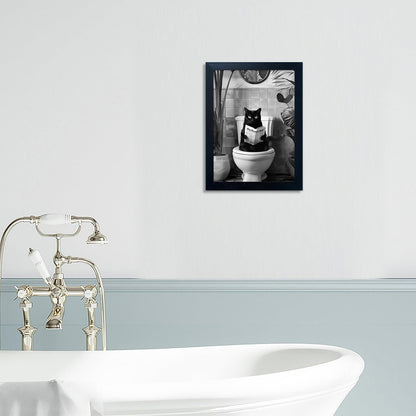 Skiennix Black Cat Bathroom Wall Art - Humorous Framed Canvas Print | Small Size, Black & White Design