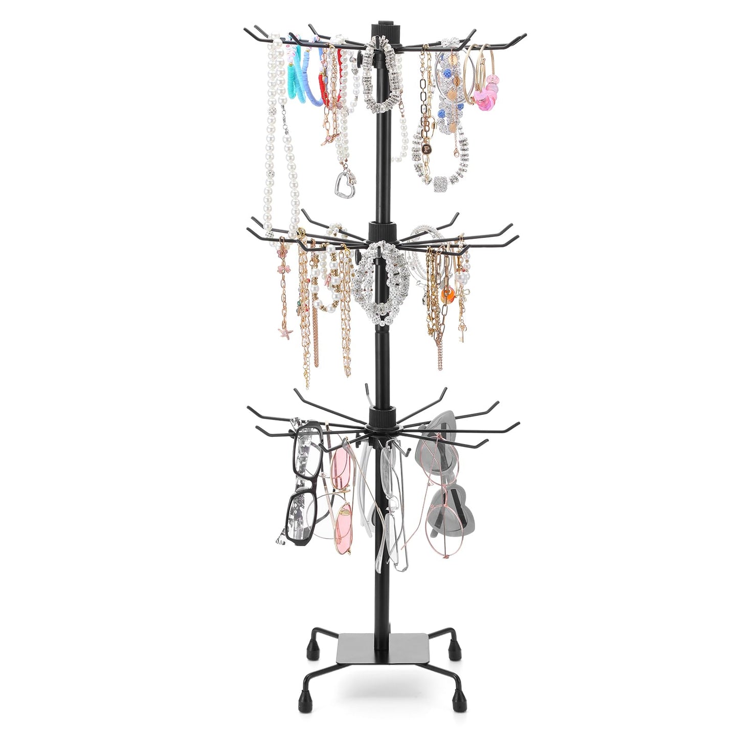 Kifmurase 3-Tier Rotating Display Stand, Matte Black Metal Jewelry Tree Stand with Hooks, Adjustable Height Retail Display Rack for Vendor Events, Craft Shows (28" H, 11.8" Dia)