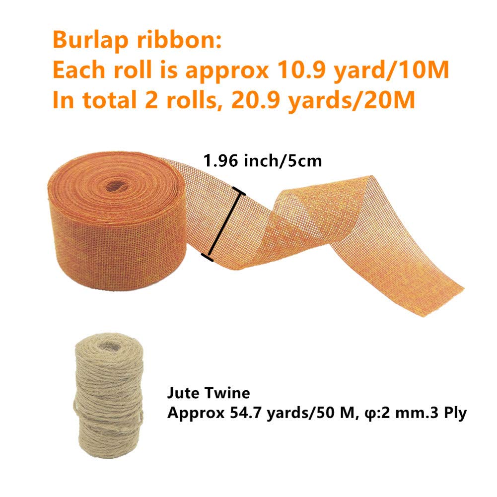 2 Rolls Burlap Ribbon Set, 21.87 Yards 2 inch Wide Burlap Weave Ribbon for Craft Wreaths Wrapping Bows Christmas Tree (Orange+Natural+Jute Twine)