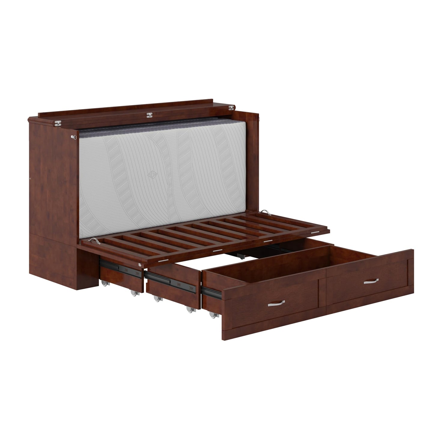 AFI, Raleigh Modern Queen Solid Wood Murphy Bed Chest with 6" Mattress, Storage Drawer & Built-in USB Charger, Walnut