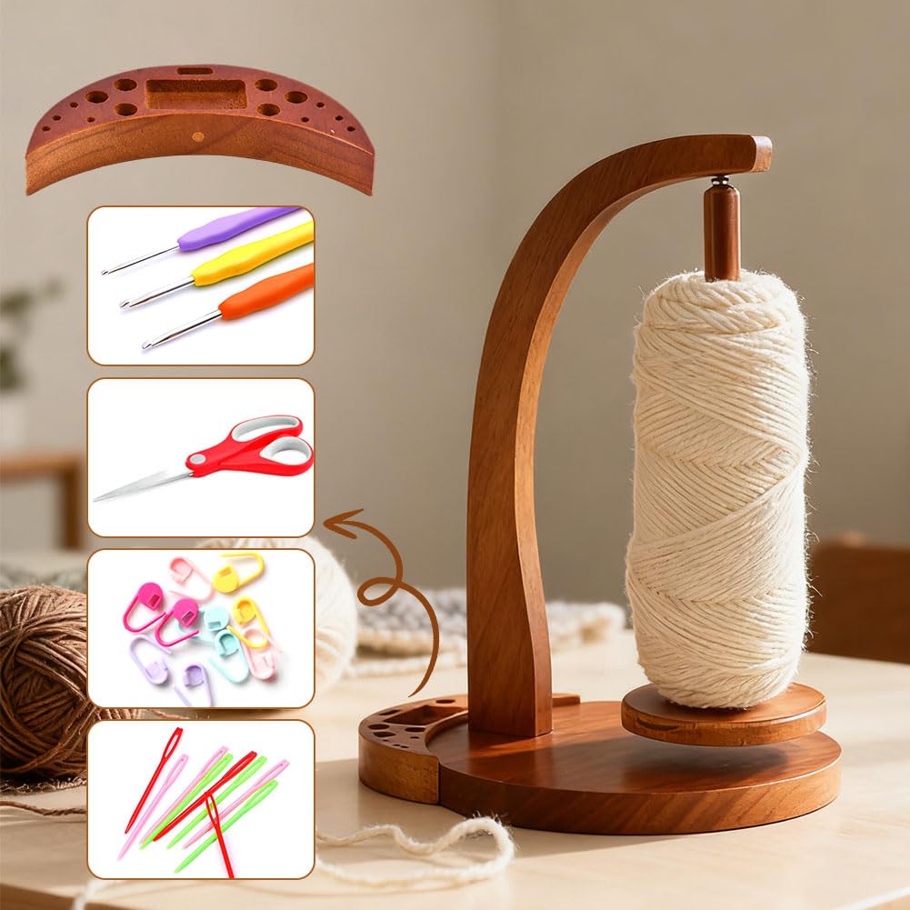 Magnetic Rotating Crochet Yarn Holder with Storage Box - 2-in-1 Wooden Yarn Spinner & Organizer for Knitting Accessories, Yarn-Ball Windder for Crocheting Projects
