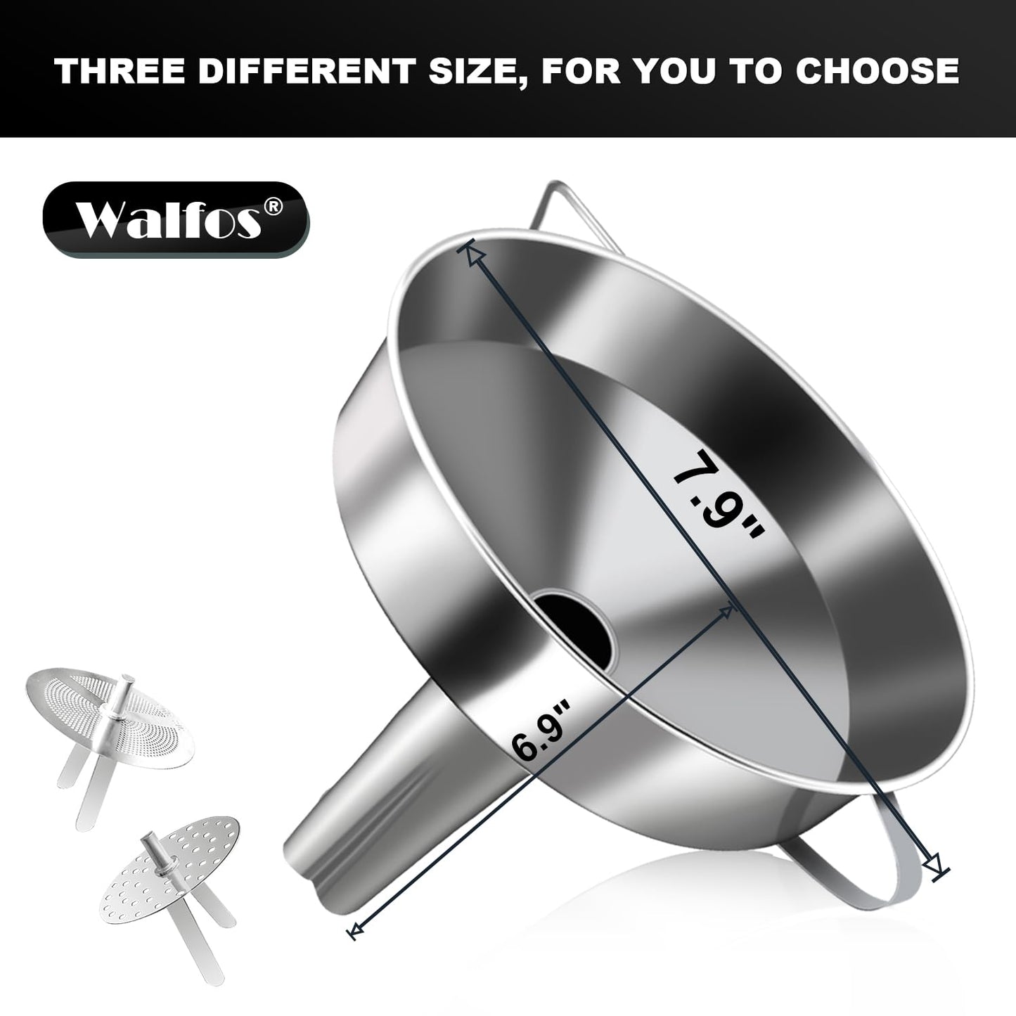 Walfos Extra Large Stainless Steel Funnel with Venting Slot, Kitchen Funnel with 2 Removable Strainer ＆ 1Pc Cleaning Brush, Perfect for Transferring Liquid, Oils, Jam, Dry Ingredients (Jumbo, 7.9")