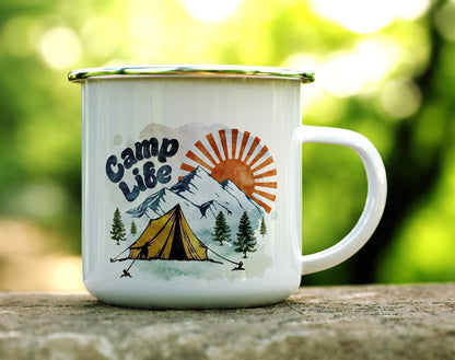 Camp Life Enamel Campfire Mug, 12oz Outdoor Coffee Cup, Mountain Nature Hiking Lover Gift