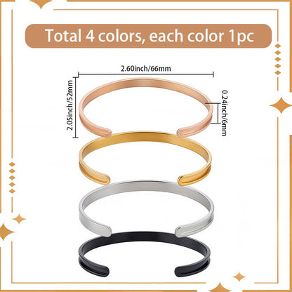 SUNNYCLUE 1 Box 4pcs Stainless Steel Bangle Bracelet Bangle Cuff Blanks Silver Black Rose Gold Groove Open Cuff Gemstones Empty Blank Bracelets for Jewelry Making Women Christmas Inlay Laser Engraving