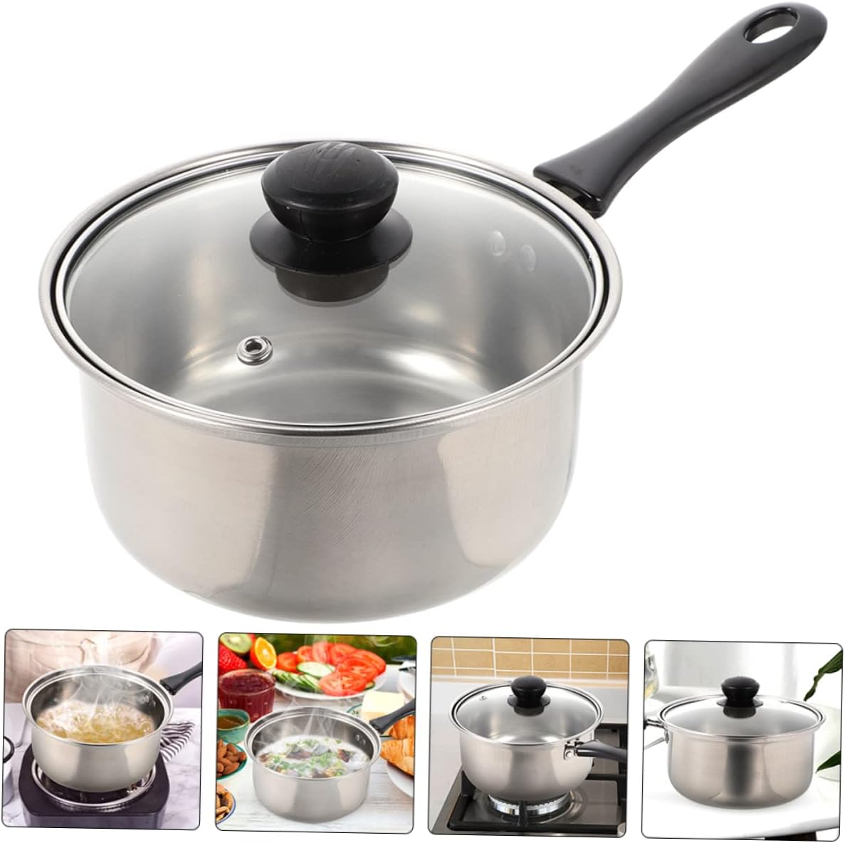 1 Set Stainless Steel Saucepan with Glass Strainer Lid, Induction Pot, Sauce Pot
