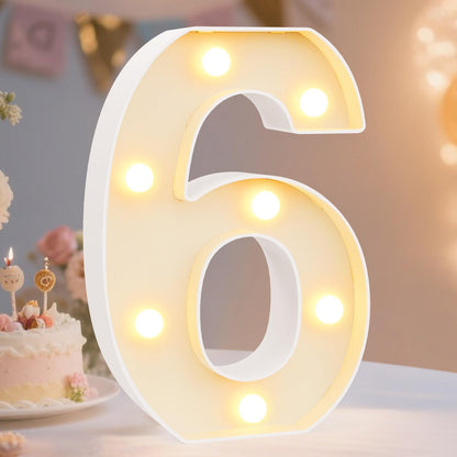 Decorative Led Light Up Number Letters, White Plastic Marquee Number Lights Sign Party Wedding Decor Battery Operated Number (6)